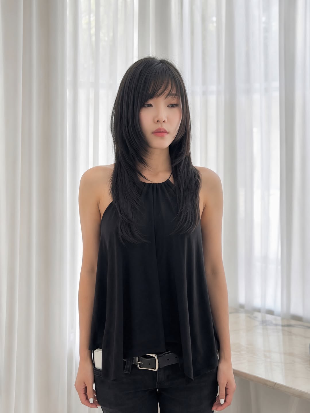 A client with long layered hair and curtain bangs, styled at K Salon